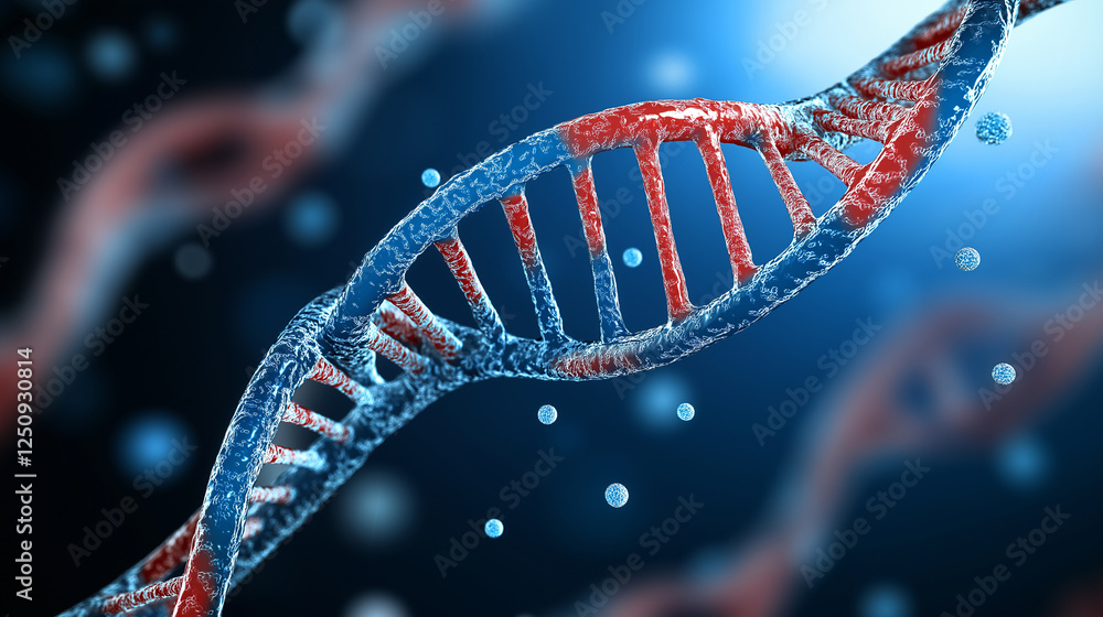 Poster a detailed close-up of a dna strand in motion, with particles disintegrating into data points, repre