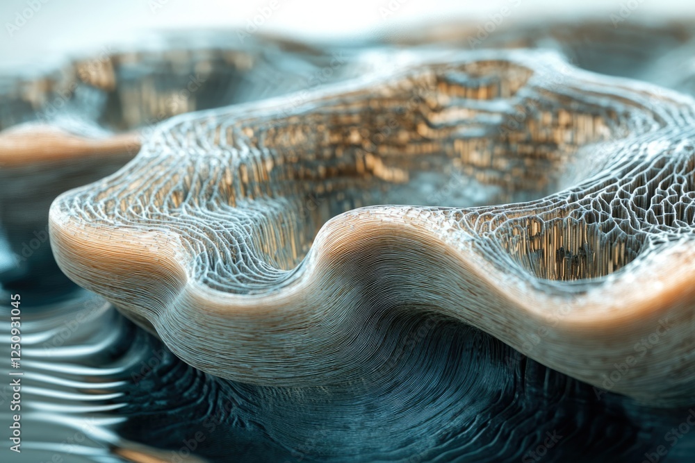 Poster abstract 3d render of a complex, layered structure resembling a seashell or coral, with intricate pa
