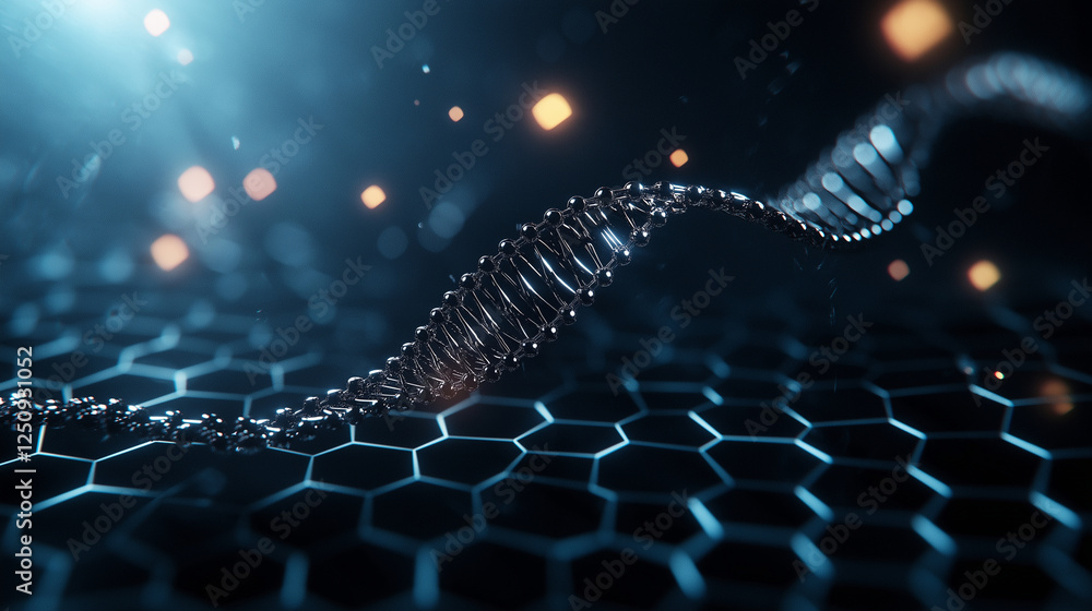 Poster a sleek and elegant dna strand with a soft glow, surrounded by floating hexagonal bio-science elemen