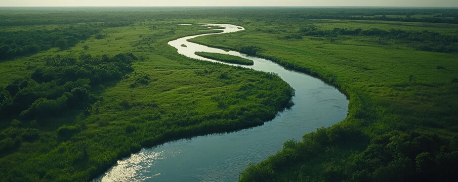Aerial view, winding river, lush green landscape, dense forest, meandering waterway, expansive wetlands, natural wilderness, bird's eye perspective, serpentine water course, verdant ecosystem