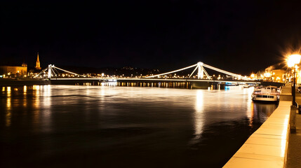 Obraz premium Illuminated bridge spans river at night, boats pass, serene cityscape for tourism, travel articles or city guides