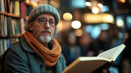 Obraz premium An older man reading at a cozy event.
