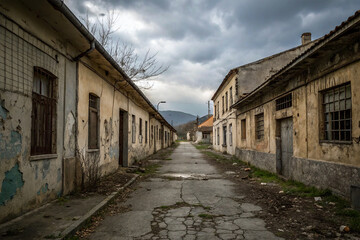 Empty alleyway with crumbling buildings