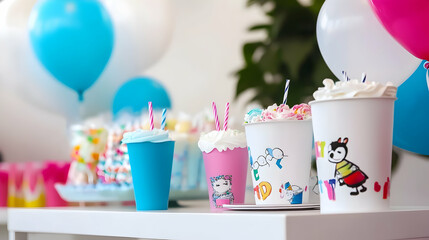 Kids' dessert table at a party milkshakes with cream, cakes and balloons for sale or advertising