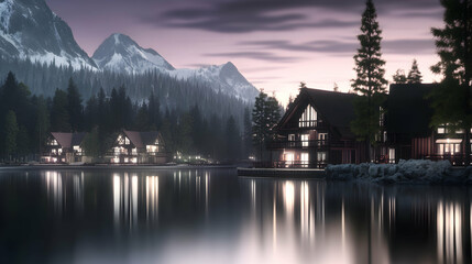 Fototapeta premium Lakeside cabins in mountains at dusk, with reflections on still water. For travel ads, real estate or natural scenery themes