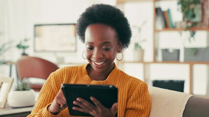 Laughing, watching and woman with tablet, online and relax on couch with app, subscription and home. Entertainment, happy and black person with funny videos on web, browsing and break on weekend