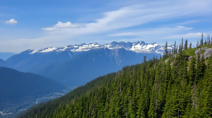 Obraz premium Majestic mountain panorama Evergreen forest meets snow-capped peaks under blue sky; nature, wallpaper, tourism, or background