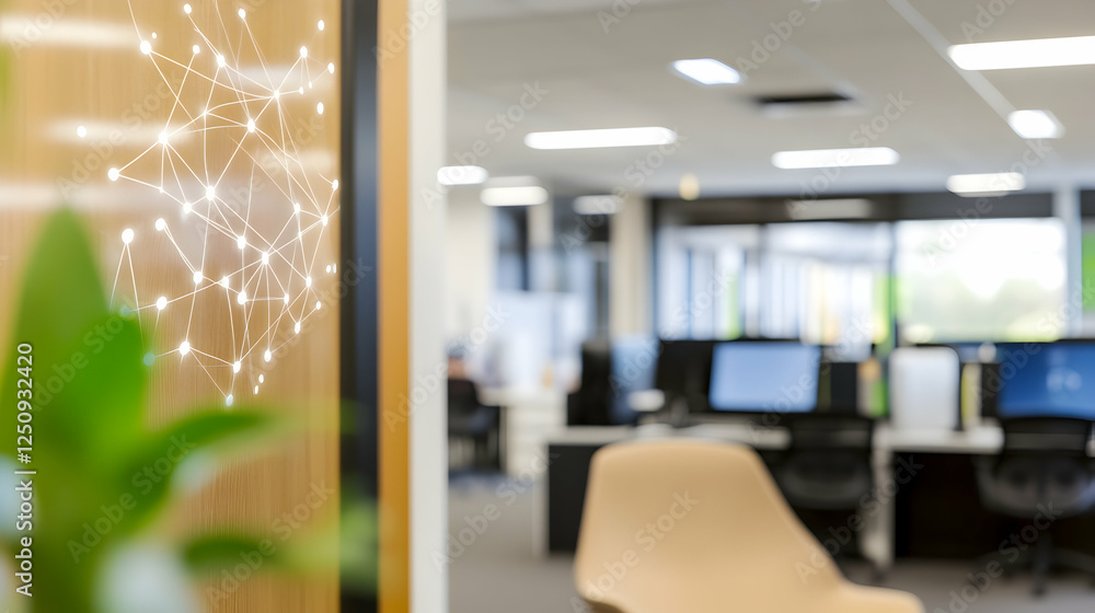 Poster modern office interior with networking graphic element and blurry background with workers for advert