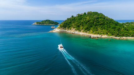 Motorboat sailing in the ocean next to tropical islands; used to illustrate travel destinations and marine activity