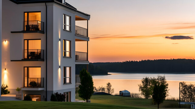 Modern apartment building by the water at sunset, used for real estate promotion, showcasing a serene, upscale living environment