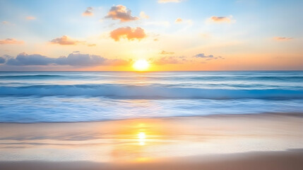 Obraz premium Ocean waves gently lapping on the beach sand at sunset, ideal for travel brochure or promotional material