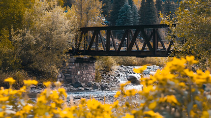 Obraz premium Old train bridge spans river with autumn trees. Serene nature scene for travel, landscape, or scenic stock photography use