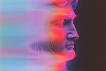 A futuristic classical sculpture with a neon glitch effect, blending history with digital aesthetics in vibrant colors.