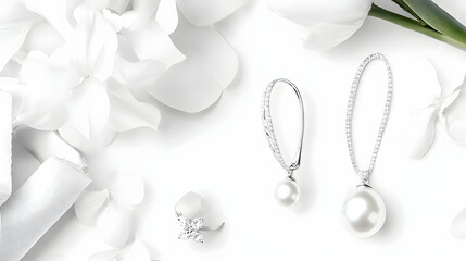 Obraz premium Pearl earrings elegantly displayed among white flowers, for luxury jewelry ads and gift-giving occasions against a bright floral backdrop