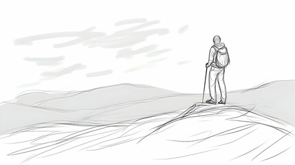 Person with backpack hiking in mountains, enjoying view. Solitude and nature inspiration. For tourism, adventure, exploration, and well-being