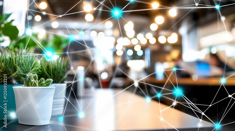 Poster plants on a counter in a cafe, showing abstract network connecting people, for use in connection, co