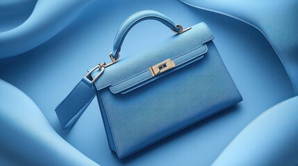 Blue handbag, silk backdrop, studio shot, fashion advert