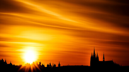Obraz premium Prague skyline with sunset backdrop for travel blogs, travel guides, or city exploration materials