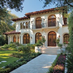 Fototapeta premium Mediterranean house, sunny garden, luxury estate, walkway, real estate