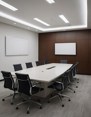 Interior of modern conference room with white walls, wooden floor and black chairs. Mock up, 3D Rendering