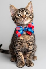 Adorable Tabby Kitten with Bright Red, White, and Blue Bow Tie, Isolated on White Background.