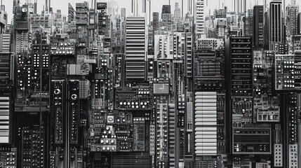 Obraz premium Synth Cityscape Electronic music equipment forms a futuristic city, background blurred, album art