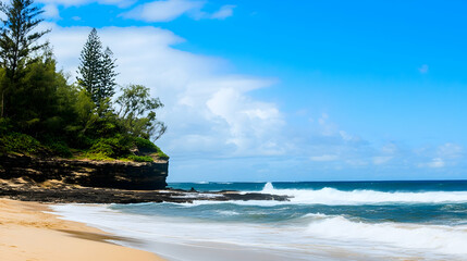 Scenic coastal landscape Waves crash on a sandy beach near rocky cliffs under a blue sky. Travel, nature scenes, tourism, wallpaper