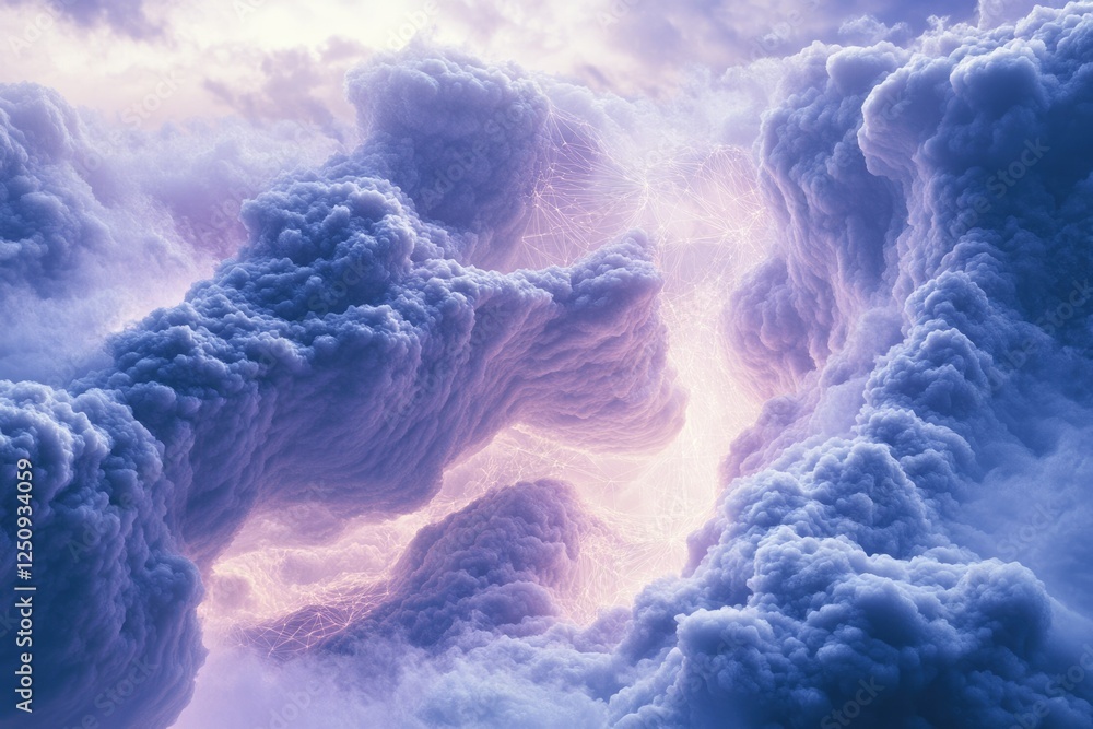 Poster abstract cloudscape with glowing network, ethereal and dreamy, showcasing a cosmic connection within