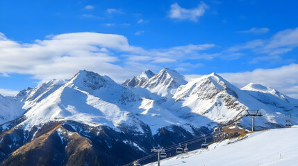 Scenic Snowy Mountains in Winter, with Chairlift Foreground, Against Blue Sky and Clouds. Possible for travel ads or seasonal background