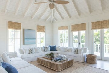 Obraz premium Coastal Living Room: Beach House Interior Design with White Sofa and Natural Textures