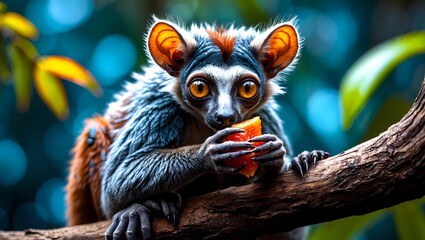 Curious Lemur:  A vibrant blue-gray lemur with striking orange ears perches on a branch, its large eyes gazing directly at the viewer as it savors a juicy slice of fruit.