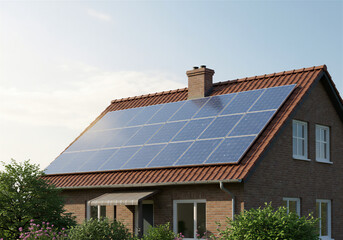 Fototapeta premium A modern house with solar panels on the roof, surrounded by greenery, illustrating energy-efficient living.
