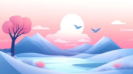 Paper cut style sunset at the beach with ocean waves.