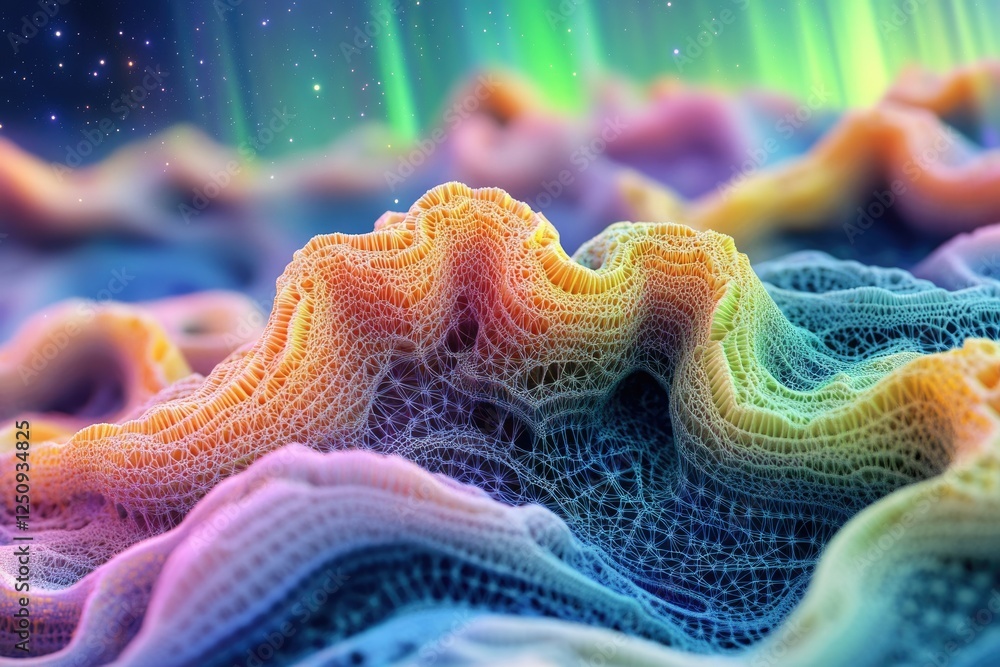Poster abstract colorful 3d rendering of a complex, interconnected network resembling a vibrant, organic la