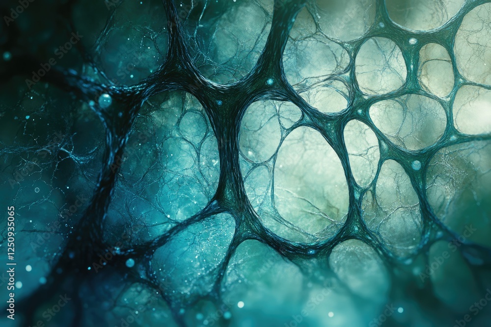 Poster abstract depiction of a neural network, intricate web-like structure, turquoise and teal color palet