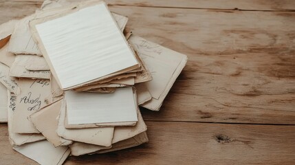 Fototapeta premium Old papers and text messages on a wooden table evoking nostalgia and memories of the past