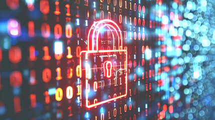 Digital padlock with binary code background representing cybersecurity protection
