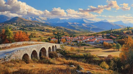 Autumnal village scene, stone bridge, mountains