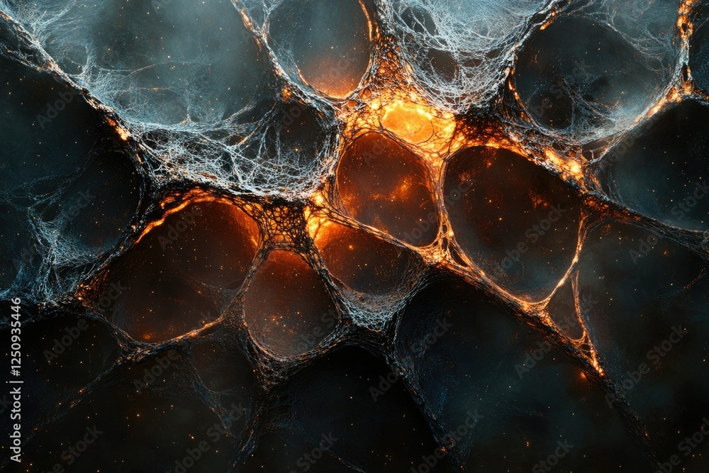 Poster abstract fiery nebula with intricate web-like structures, glowing embers, and cosmic dust.