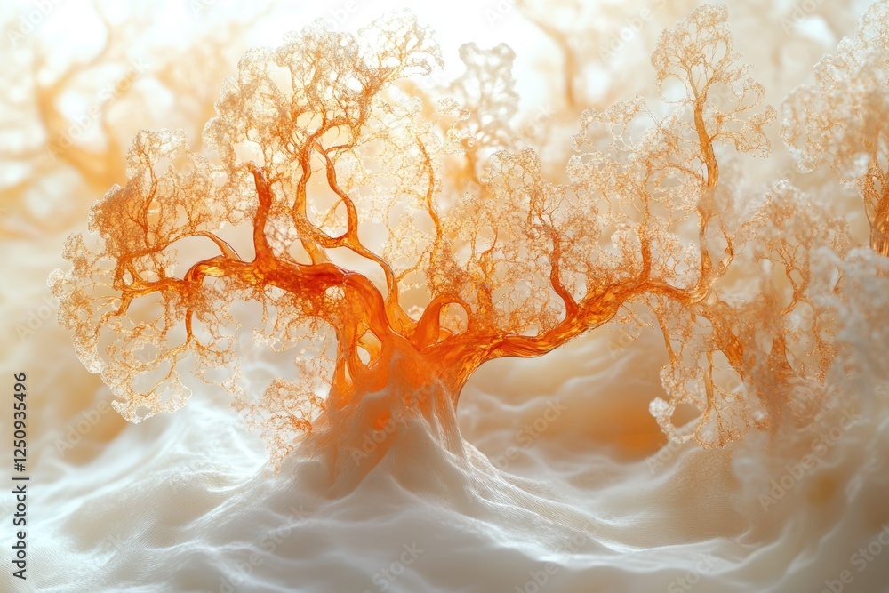 Poster intricate orange structure resembling a tree, emerging from a soft, white, cloud-like base.