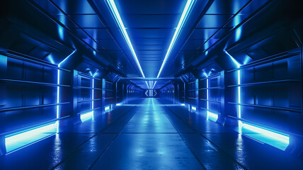 Fototapeta premium Modern futuristic corridor illuminated by blue neon lights