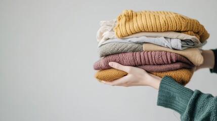 Person holding pile of sweaters donating clothes to sustainable fashion initiative