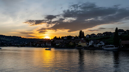 Fototapeta premium Sunset over a lake and town, with boats, reflecting light, clouds. Use travel, tourism, nature, vacation