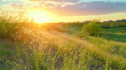Obraz premium Sunset over a field in Arizona; shrubs in the foreground with mountains in the distance. Can be used to illustrate travel or environment