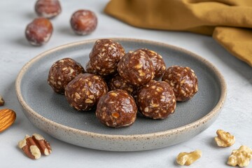 Healthy Homemade Energy Bites with Nuts and Dates on a Plate