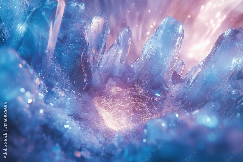 Poster glowing crystal cave with intricate network, ethereal and mystical.