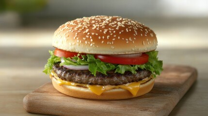 A juicy cheeseburger with a thick beef patty, melted cheddar, lettuce, and tomato, served on a wooden board.