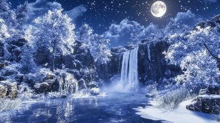 Frozen waterfall winter night scene, moonlit forest, magical background, holiday card
