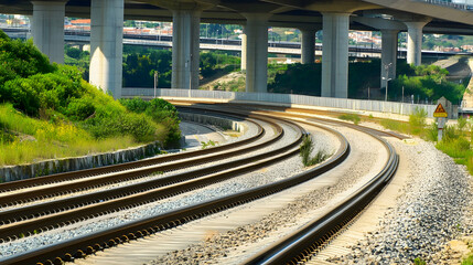 Obraz premium Train tracks winding beneath a concrete bridge. A possible illustration of infrastructure, logistics, and the built environment