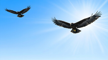 Obraz premium Two eagles fly in bright sunlight. Symbol of freedom. Good for travel, nature